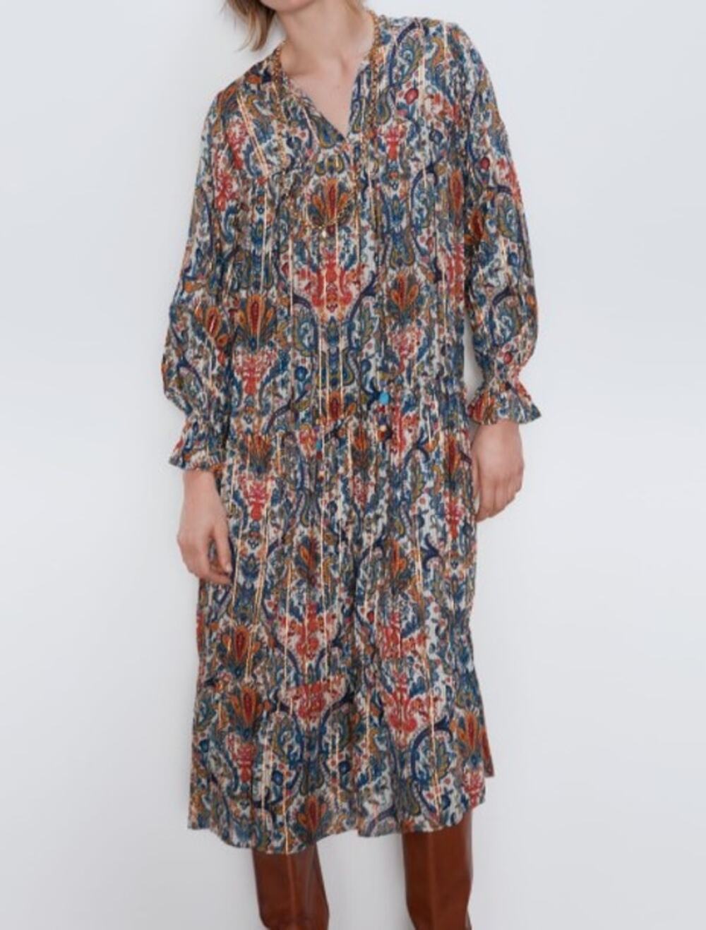 Zara Women Metallic Paisley Boho Midi Long Sleeve Dress Size Large